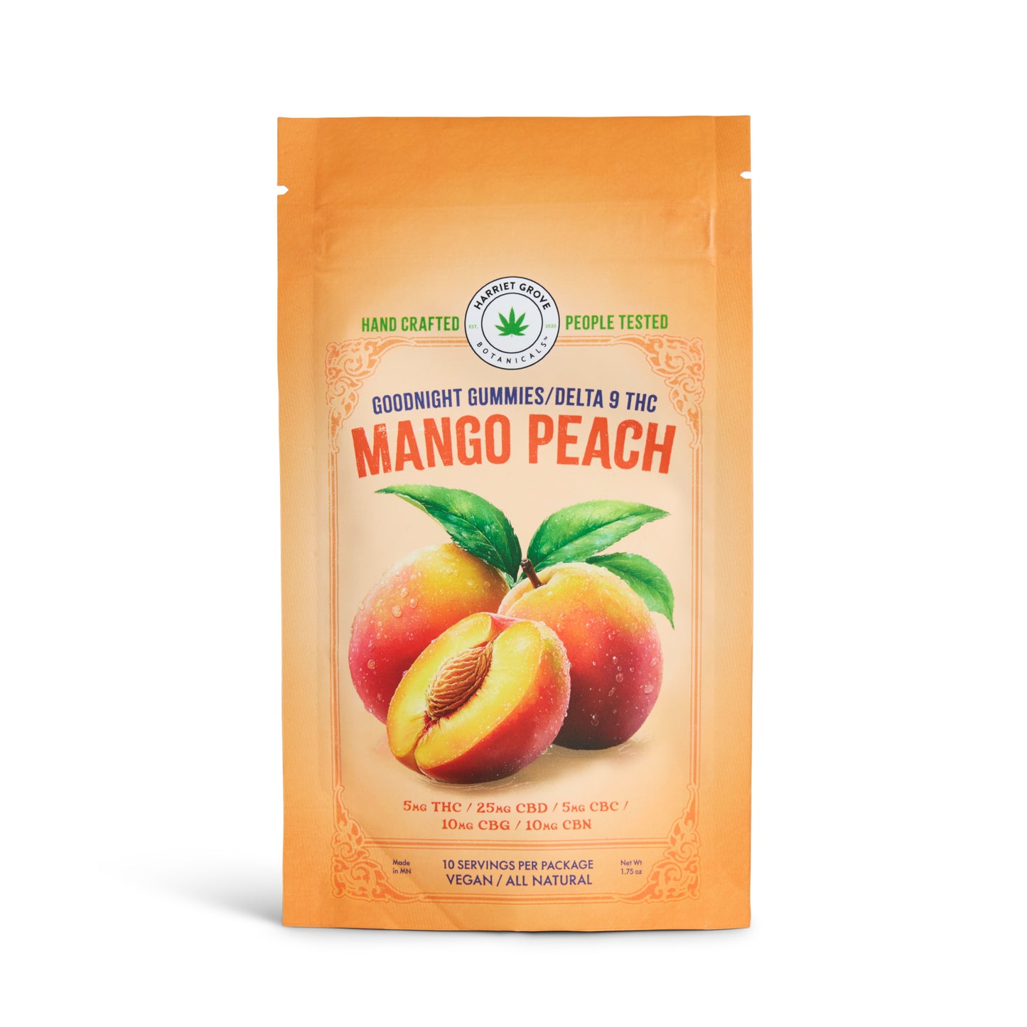 Mango peach gummies packaging with brand logo on a white background