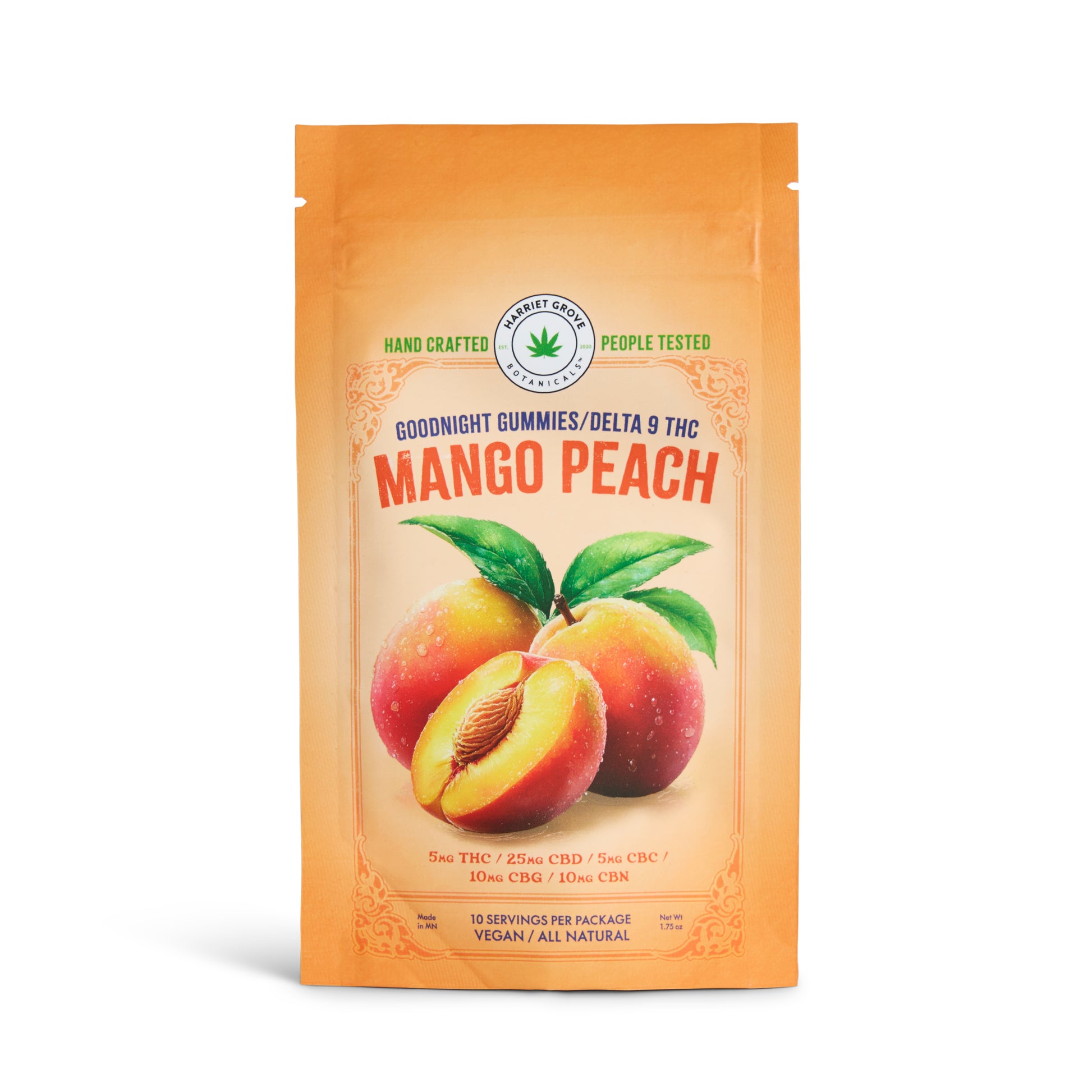 Mango peach gummies packaging with brand logo on a white background