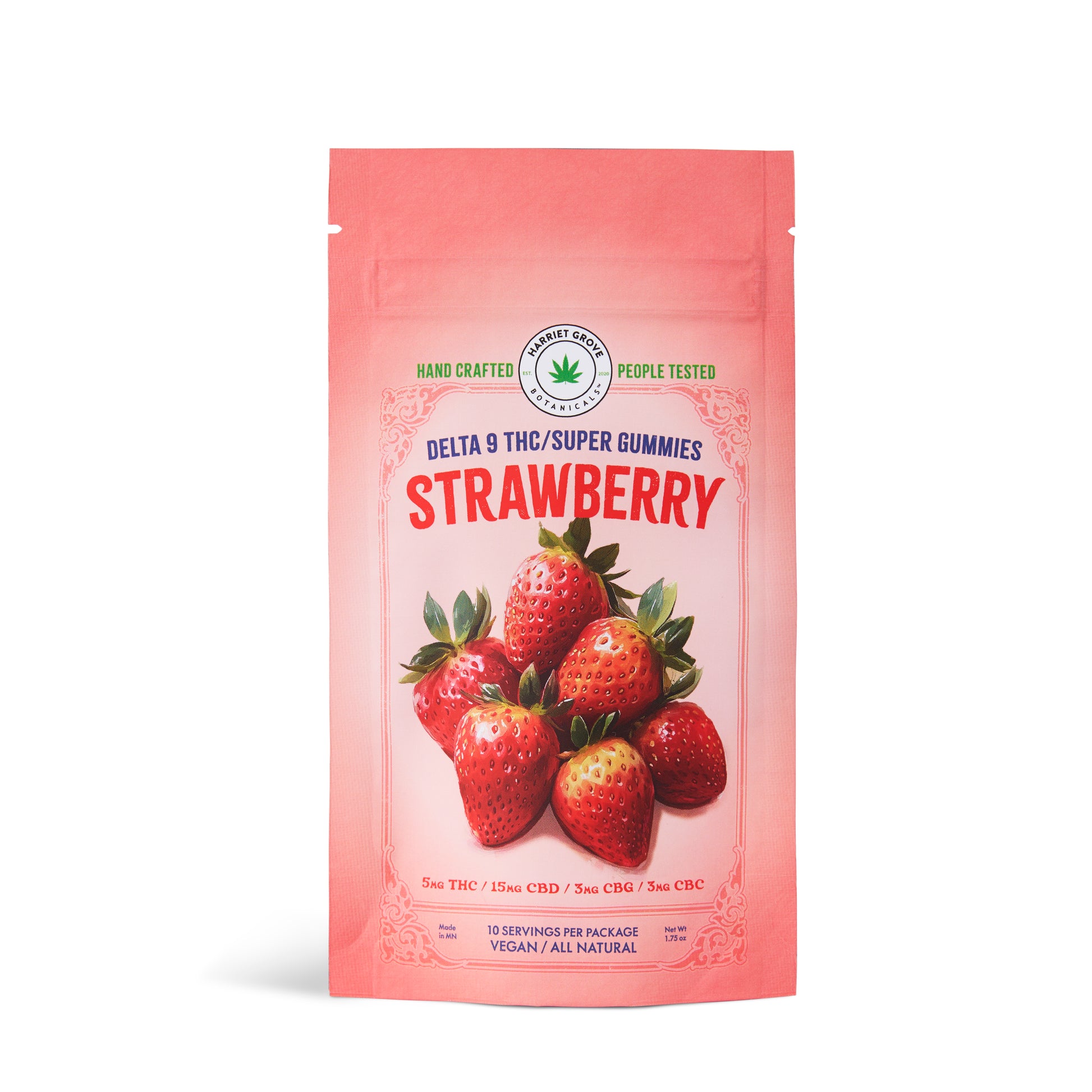 Pink package of strawberry-flavored Delta 9 THC/Super Gummies on a white background